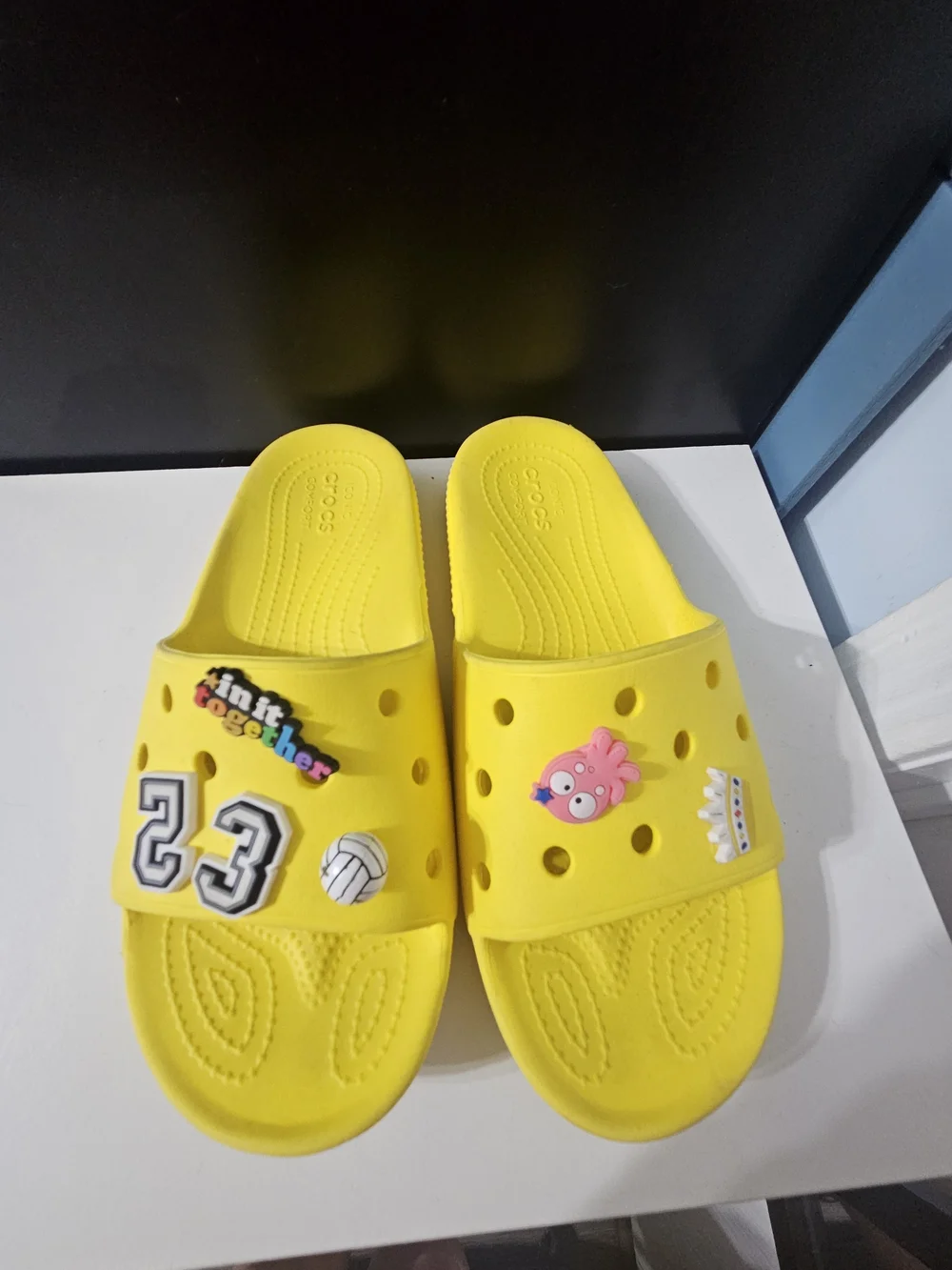 CROCS Yellow Slip-On Athletic Slide Sandals with Decorative Charms